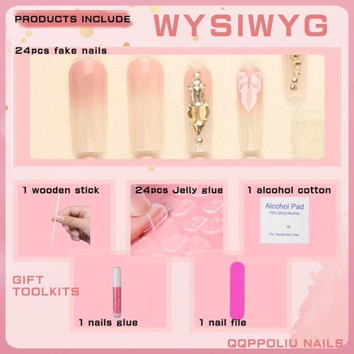 QQPPOLIU Press on Nails,Long Press on Nails Square,Long Nails,Long Fake Nails,Long Nails Press on，for Prom/Party/Holiday,Gift for Women (Khaki,with Flower and Rhinestones Design)