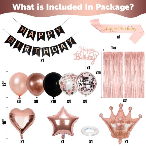 Rose Gold Birthday Decorations for Women Black Rose Gold Balloons Birthday Party Decoration Rosegold Happy Bithday Banner Sash Cake Topper Fringe Curtain Foil Balloon for Girls Birthday Party Supplies