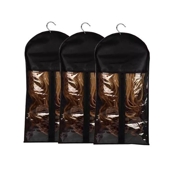 Whtawtaw 3 Pcs Hair Extension Storage Bag, Hair Extensions Holder with Hanger, 11.4 * 23.6 inches, Portable Wig Bags Storage with Transparent Zipper Closure (Black)