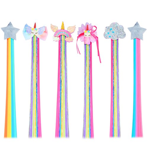 Little World 6 Pcs Hair Clips for Girls, 15in Rainbow Hair Extensions for Kids, Colored Little Girl Hair Clips Accessories, Unicorn Hair Clips for Girls Toddler Kids Ponytails