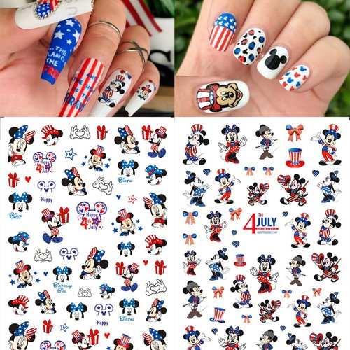Independence Day Cartoon Nail Art Stickers 3D Self-Adhesive Designer Nail Stickers USA Patriotic Hearts Mouse Nail Design 4th of July Nail Decals for Women DIY Cute Holiday Nail Decoration 6 Sheets