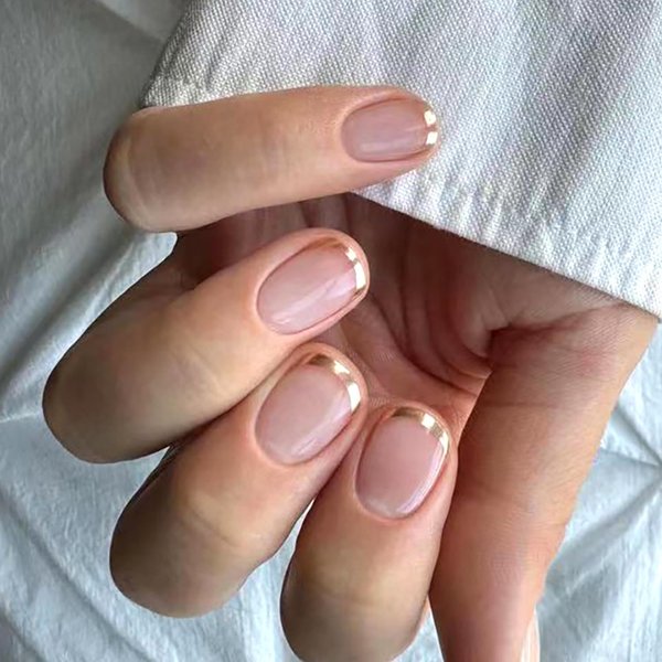 Gold French Tip Press on Nails Short Square Fake Nails Glossy Nude Acrylic Glue on Nails Reusable Full Cover Stick on Nails for Women DIY Manicure Decoration