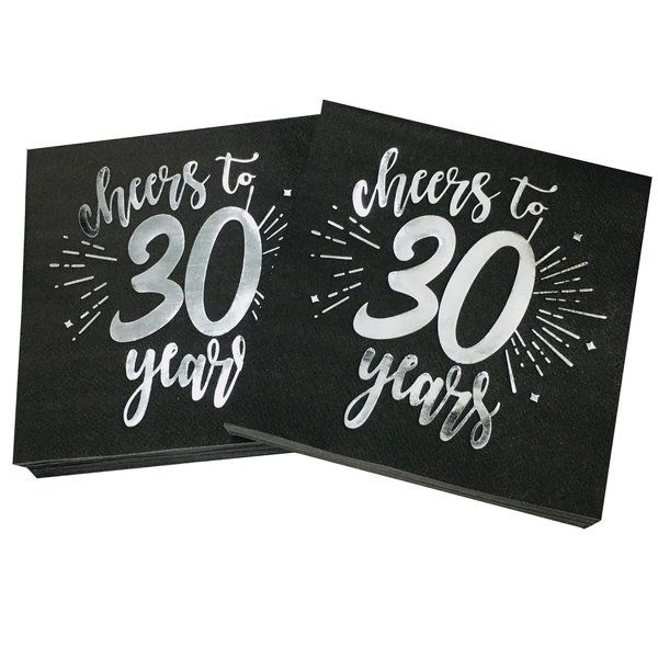 CHANGCAO50Pieces BlackandSilver30th Birthday Napkins30th Wedding Anniversary Napkins30th Birthday Decorative Men's and Women's Party Supplies Cocktail Napkins in a black, Cheers to 30 Years