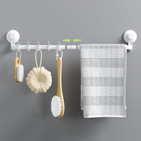 LUXEAR Suction Cup Towel Bar, 24 Inch Adhesive Bathroom Towel Bar, No Drill Hand Towel Holder with 5 Sliding Hooks, Wall Mounted Towel Bar for Shower Bathroom Kitchen Door - White