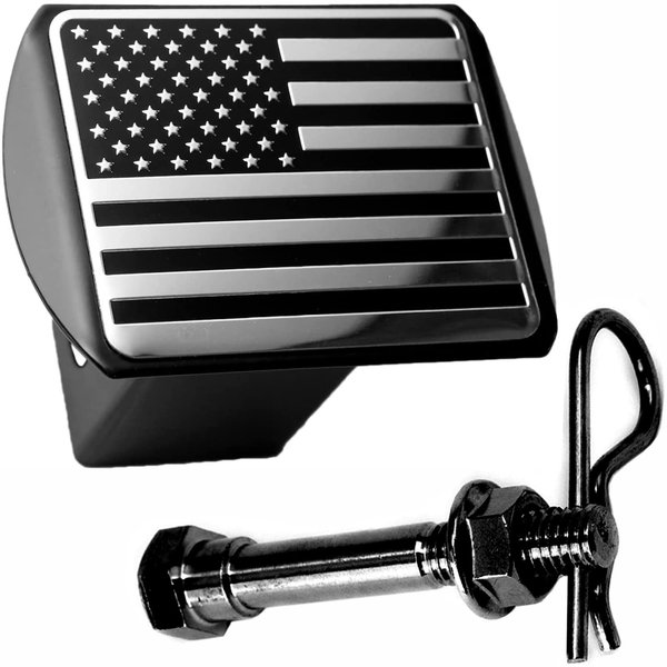 USA US American Flag Black Chrome Trailer Metal Hitch Cover with Stainless Steel Anti-Rattle Pin Bolt, Fits 2" Receivers