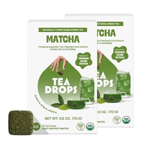 Tea Drops Lightly Sweetened Organic Tea Bulk Box | Matcha Green Tea | Iced or Hot Bagless Instant Tea Beverages Gift Set | Includes Premium Organic Japanese Matcha Powder | 10 Drops per Box
