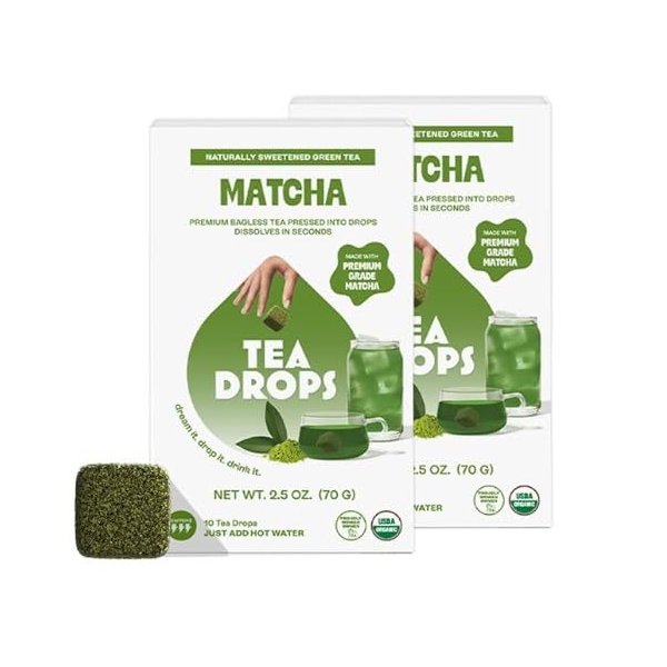 Tea Drops Lightly Sweetened Organic Tea Bulk Box | Matcha Green Tea | Iced or Hot Bagless Instant Tea Beverages Gift Set | Includes Premium Organic Japanese Matcha Powder | 10 Drops per Box