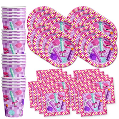 Girl Pixel Mining Birthday Party Supplies Set Plates Napkins Cups Tableware Kit for 16