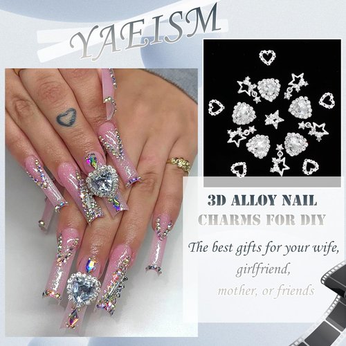 YAEISM 30PCS Star Nail Charms 3D Crystal Heart Nail Charms Alloy Silver Nail Charms Shiny Starlight Nail Gems and Charms Jewelry Rhinestones for Women Nail Art and DIY Crafts Decoration