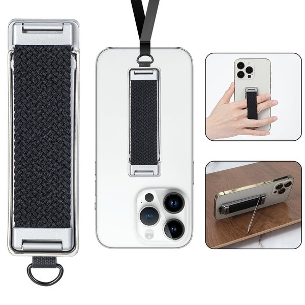 AOZUO Phone Strap Grip Holder, Back-Mounted Mobile Phone Holder Straps, Multicolor Telescopic Phone Grips Portable Finger Strap Stand with Metal Lanyard Ring for Smartphones Mini Tablets (Black)