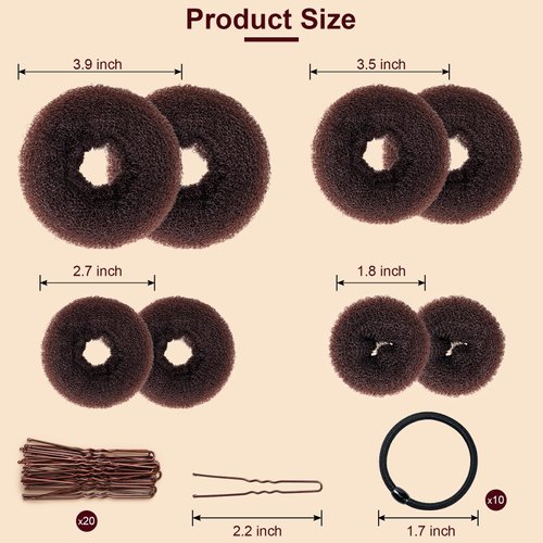 Amrules Hair Bun Maker Set, 8 Pieces Donut Hair Bun Maker with 10 Pieces Black Rubber Bands and 20 Pieces Bun Bobby Pins for Ladies, Brown