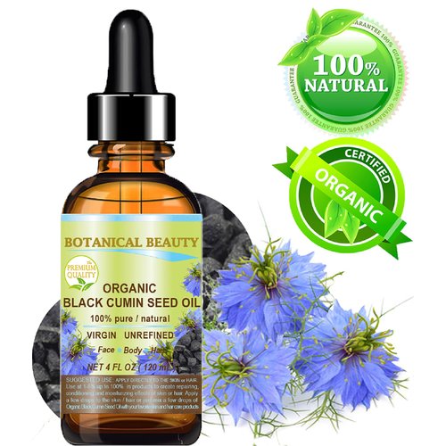 Botanical Beauty ORGANIC BLACK CUMIN SEED OIL Nigella sativa 100% Pure Natural Virgin Undiluted 4 Fl.oz.- 120 ml for Face, Skin, Hair, Lip, Nails. Rich in Vitamin C, vitamin E