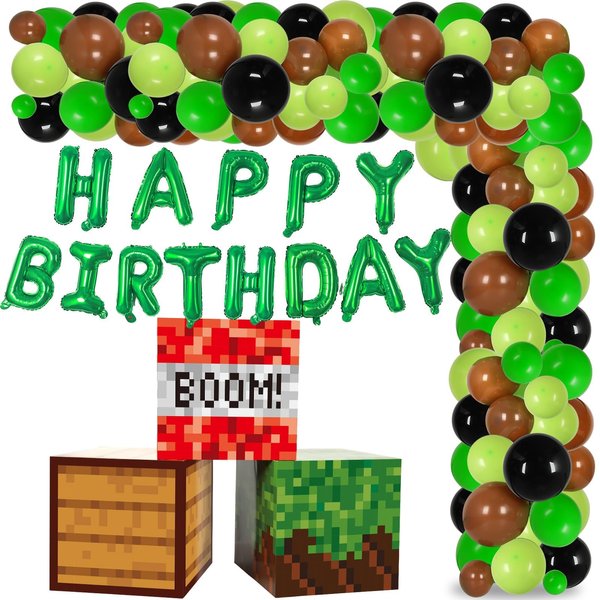 CHUNNIN 110Pcs Pixel Happy Birthday Party Decorations Pixel Video Game Party Balloon Garland Arch Kit Pixel Mining Birthday Themed Centerpieces Box for Kid Teen Gift Birthday Party Supplies Favor