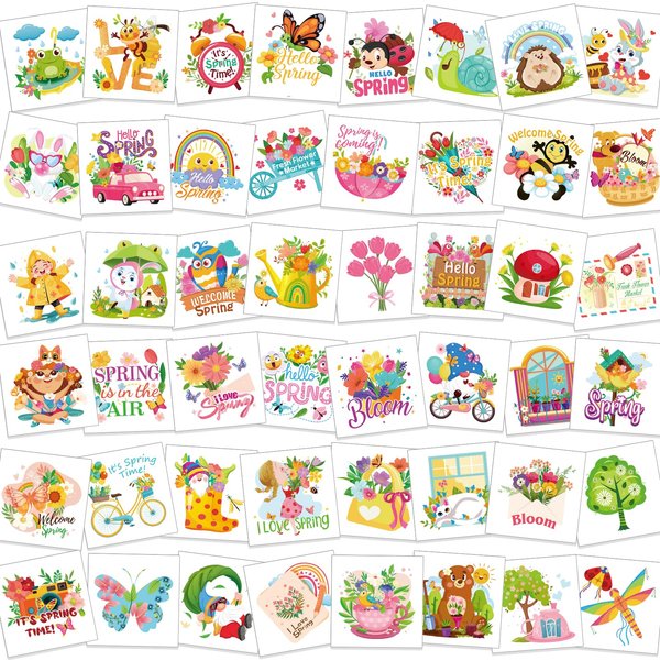 HOWAF 96pcs Spring Easter Tattoos, Hello Spring Temporary Tattoos for Spring Party Supplies, Spring Flower Tattoos Spring Butterfly Tattoos for Kids, Spring Summer Decoration Face Tattoos
