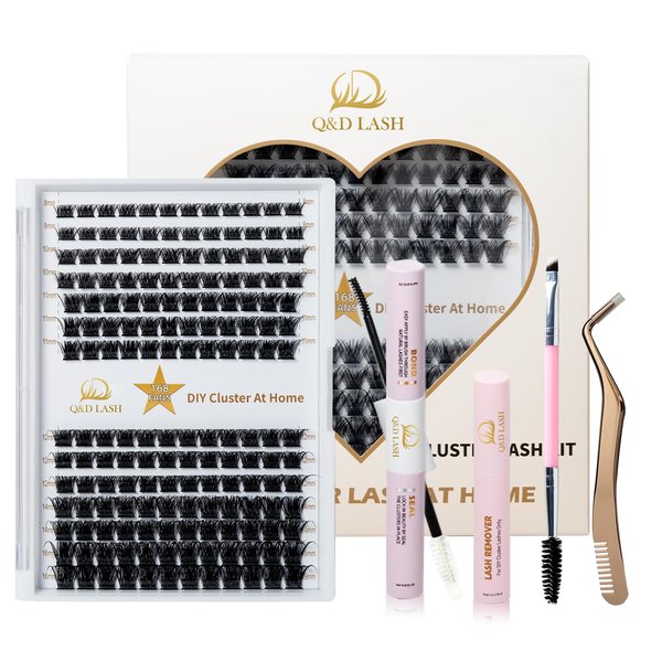 Q&D LASH Extension Kit,Cluster Eyelash 168 pcs,D Curl 8-16mm Length Individual Eyelashes Extension,Bond and Seal, Lash Remover,Tweezer and Brush Set, Lash DIY Apply at Home (A1, D 0.07 MIX8-16MM)