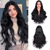 Vitorish Long Wavy Wig for Women, 28 Inches Middle Part Curly Wavy Wig Black Small Lace Resistant Fiber Synthetic Wigs for Daily Use (Black)