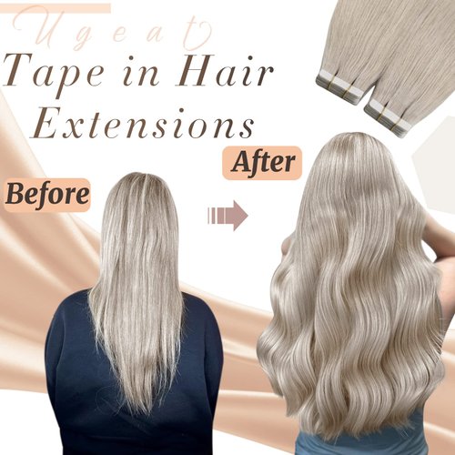 Ugeat Tape in Human Hair Extensions Seamless Hair 14 inch Tape in Human Hair Extensions #60A White Blonde Tape in Hair Extensions Real Human Hair 50g/20pieces
