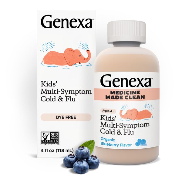 Genexa Kids' Cold & Flu Multi-Symptom Relief, Dye Free, 0% Artificial Additives, Children's Liquid Pain, Fever and Cough Medicine, for Kids 4-11, Delicious Organic Blueberry Flavor, 4 fl oz