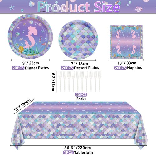 Mermaid Party Decorations - 81Pcs Mermaid Party Tableware Set, Mermaid Scale Theme Tablecloth, Mermaid Plates and Napkins for Under the Sea Ocean Little Mermaid Birthday Party Supplies, Serves 20