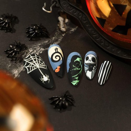 Halloween Press on Nails Medium Almond SWEKKE Fake Nails Full Cover Nightmare Before Christmas Nails Spider Web False Nails Matte Glue on Nails Artificial Acrylic Nails for Women Girls 24 Pcs