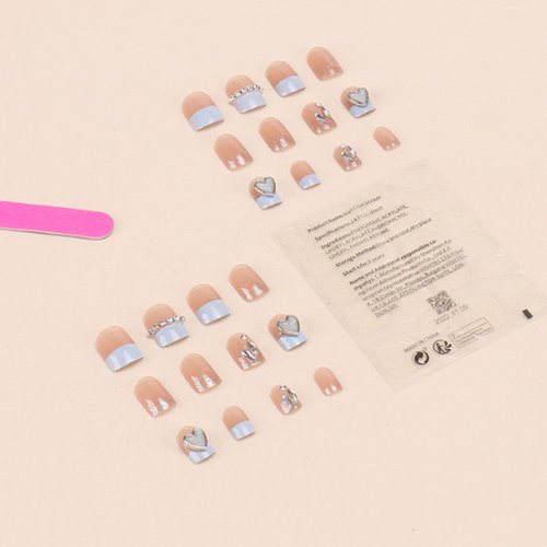 Hkanlre Square Press on Nails Short Pink Crystal Fake Nails Heart Tips Full Cover False Nails for Women and Girls 24PCS