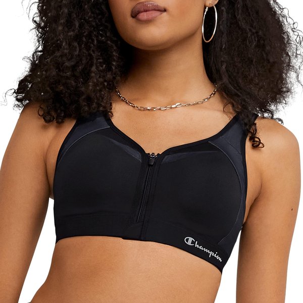 Champion womens Motion Control Zip Sports Bra, Black, 34B US
