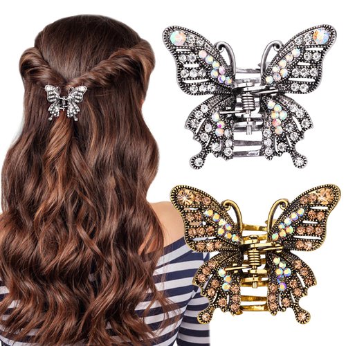 Noverlife 2PCS Vintage Butterfly Hair Claws, Metal Gold Rhinestone Hair Clips, Mini Hair Clips Retro Crystal Hair Jaws, Sparkly Diamond Claw Clips Alloy Fancy Thick Hair Barrette Clamp for Women Girls