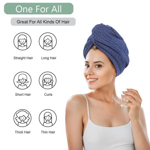 Microfiber Hair Drying Towel - 2Packs Waffle Long Hair Head Turban Wraps Terry Cloth Fast Absorbent Dry Anti Frizz Twist Plopping Curly Shower Turban for Women Wet Hair (Dark Blue)
