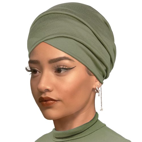 1 Piece Stretch Head Wrap Jersey Turban Fashion Neck Sleeve Solid Color Extra Wide Turban Caps Soft Breathable African Headwrap for Women and Men (Army green)