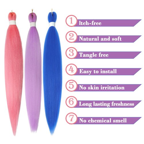 Pink Lightpurple Darkblue Pre stretched Braiding Hair, 26 Inches Kanekalon Box Braids Hair Extensions, 3 Packs Yaki Texture Braiding Hair Pre stretched