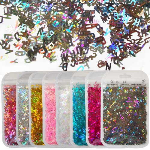 LoveOurHome 8 Colors Holographic Letter Chunky Glitter Flakes Number Shaped Confetti Sparkles Nail Sticker Manicure Decor for Resin Crafts Nails Art Makeup
