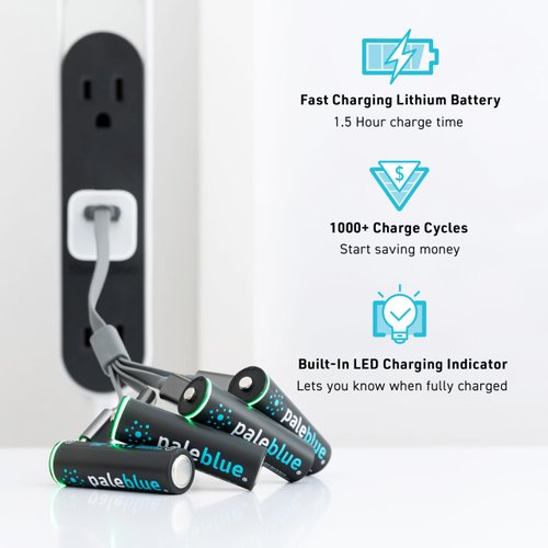 USB Rechargeable AA Batteries by Pale Blue, Lithium Ion 1.5v 1700 mAh, Charges 1.5 Hours, Over 1000 Cycles, 4-in-1 USB-A to USB-C Charging Cable, LED Charge Indicator, 12-Pack