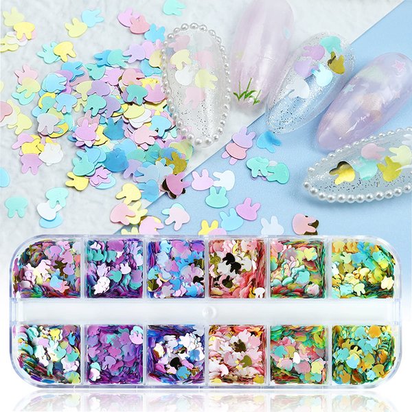 Rabbit Nail Art Glitter Sequins 12 Grids Nail Sequins 3D Holographic Rabbit Nail Decals Flakes for Acrylic Nails Manicure Paillettes Ultra-thin Glitters Nail Art Supplies for Women Nail Art Decoration
