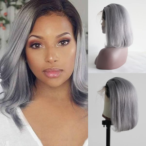 Aprilhair Pre-plucked Grey Bob Lace Front Wigs Straight Glueless 130% Density Short Cut Brazilian Virgin Human Hair With Baby Hair Full And Thick Free Part (10 Inch, 1B/Grey)
