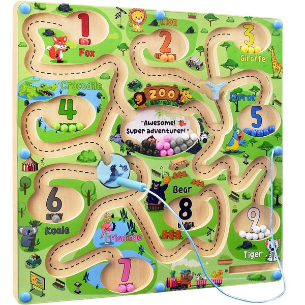 Zoo Adventure Magnetic Color and Number Maze Board Montessori Magnetic Maze for Kids Ages 3-5, Magnetic Color and Counting Maze Toy, Wooden Puzzle Activity Board