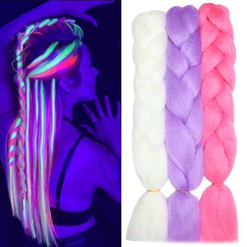 Colored Jumbo Braiding Hair Kanekalon Braid Hair Extensions Glow in the Dark Hair 24inch 3Pack Synthetic Hair for Braiding Muticolor Neon Glowing Braiding Hair(White/Purple/Hot Pink)