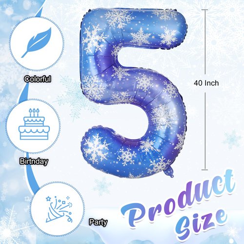 Lunmon 40 Inch Blue Snowflake Balloon Number 3 Snowflake Balloon Snowflake Birthday Balloons Decorations for Girls Birthday Snowflake Themed Party Supplies Winter Party Decorations(Number 5)