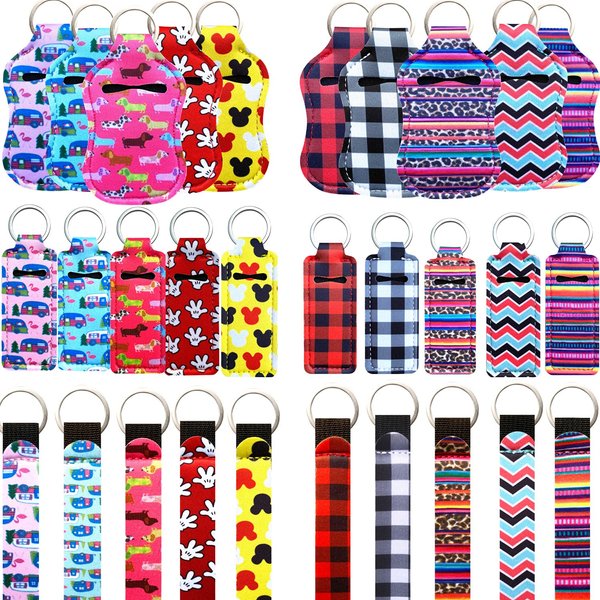 PUEZOKLY 40pcs Travel Bottles Key chain Set with Wristlet Chapstick Holders keychain Hand Sanitizer Holder Keychain with Empty Bottles