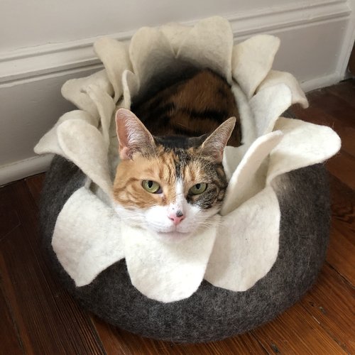 Mokoboho 100% Wool Felt Cat Cave Bed Lotus Handmade in Nepal with Free Mouse Toy Included