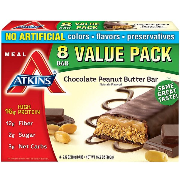 Atkins Chocolate Peanut Butter Protein Meal Bar, High Fiber, 16g Protein, 2g Sugar, 3g Net Carb, Meal Replacement, Keto Friendly, 8 Count