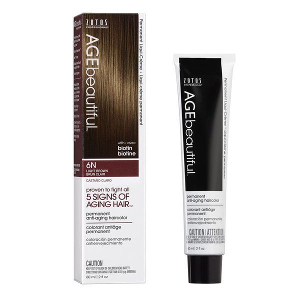 AGE beautiful Permanent Hair Color Dye Liqui Creme | 100% Gray Coverage | Anti-Aging Haircolor | Biotin for Thicker, Fuller Hair | Professional Salon Coloring | 6N Light Brown