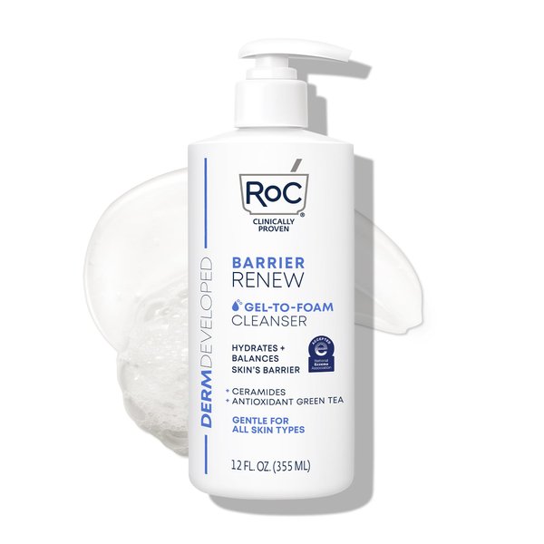 RoC Barrier Renew Gel to Foam Non Drying Facial Cleanser to Hydrate Skin, 12 Ounces