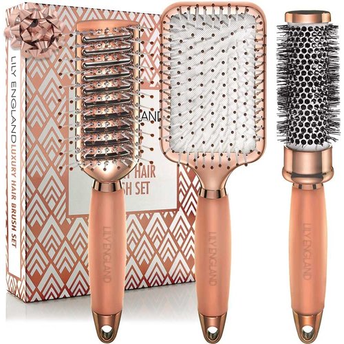 Hair Brush Set for Women and Teen Girls of All Hair Types - Detangling Paddle Brush, Blow-Drying Round Brush and Drying Vented Hair Brush - Lily England Brush Set for Hair Styling - (Rose Gold)