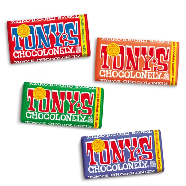 Tony's Chocolonely Assortment - Hazelnut, Dark Pretzel & Toffee, Caramel Sea Salt, Chocolate Bars, No Artificial Flavoring - 4 Bars