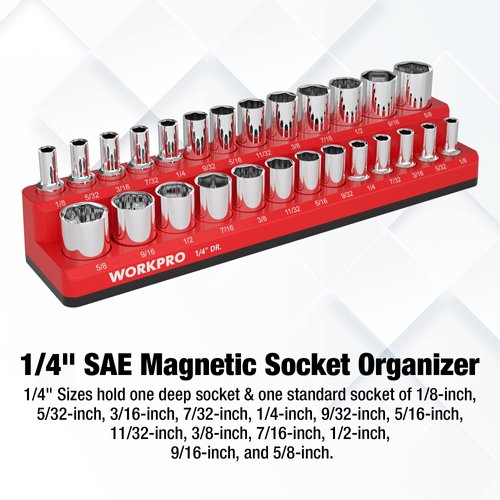 WORKPRO Magnetic Socket Organizer, 1/4-Inch SAE Socket Holder, Socket Trays Holds 26 Pieces Standard Size and Deep Size Sockets(Socket not Included)