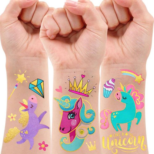 Unicorn Party Supplies Temporary Tattoos - Glitter Unicorn Birthday Party Favors, Cute animated unicorn + Halloween Easter Makeup (6 Sheet)