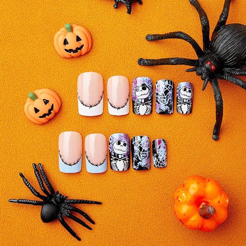 24Pcs Halloween Press on Nails Short Square Fake Nails French Skulls False Nails Full Cover Cute Acrylic Nails Blue Purple Cobwebs Deigns Artificial Nails Glossy Glue on Nails for Women and Girls