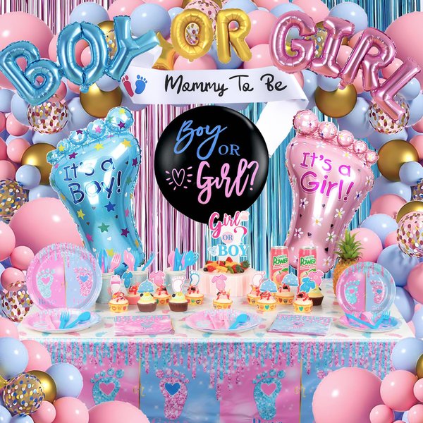 Boy or Girl Gender Reveal Party Decorations, Baby Gender Reveal Decorations Including Tableware, Balloons, Plates, Cake Toppers