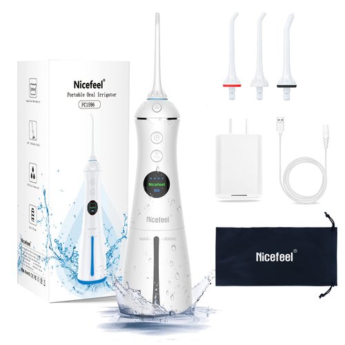 Nicefeel Portable Water Flosser Cordless Rechargeable Dental Cleaner Irrigator, with Gravity Ball, LCD Display, 300ml Tank 6 Modes 4 Jet Tips, and IPX7 Water Proof for Travel & Home & Braces