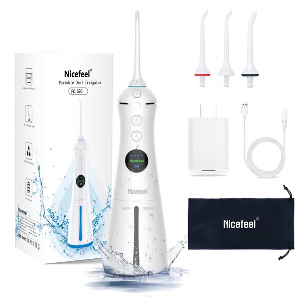 Nicefeel Portable Water Flosser Cordless Rechargeable Dental Cleaner Irrigator, with Gravity Ball, LCD Display, 300ml Tank 6 Modes 4 Jet Tips, and IPX7 Water Proof for Travel & Home & Braces